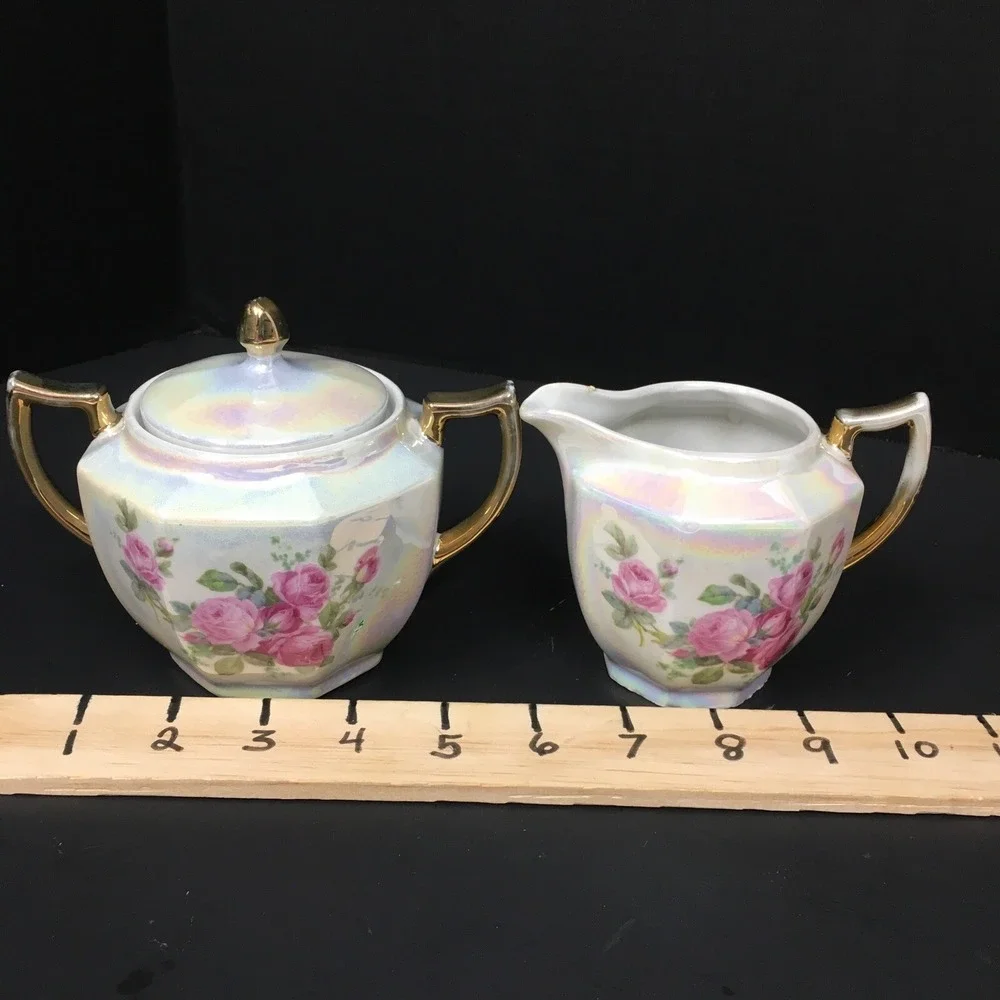 Vintage Eleanor Bavaria Hand Painted Lustreware Sugar‎ & Creamer Set
